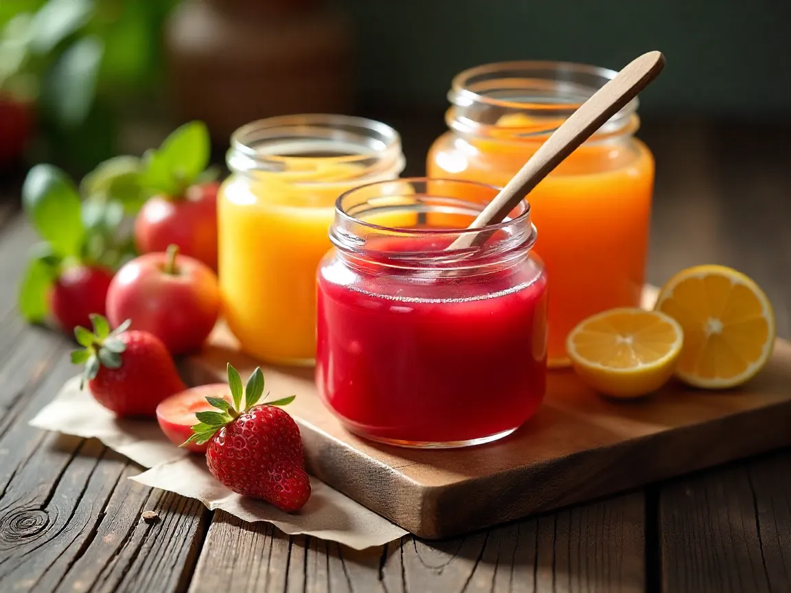 Abstract composition of jam jars and fruit shapes
